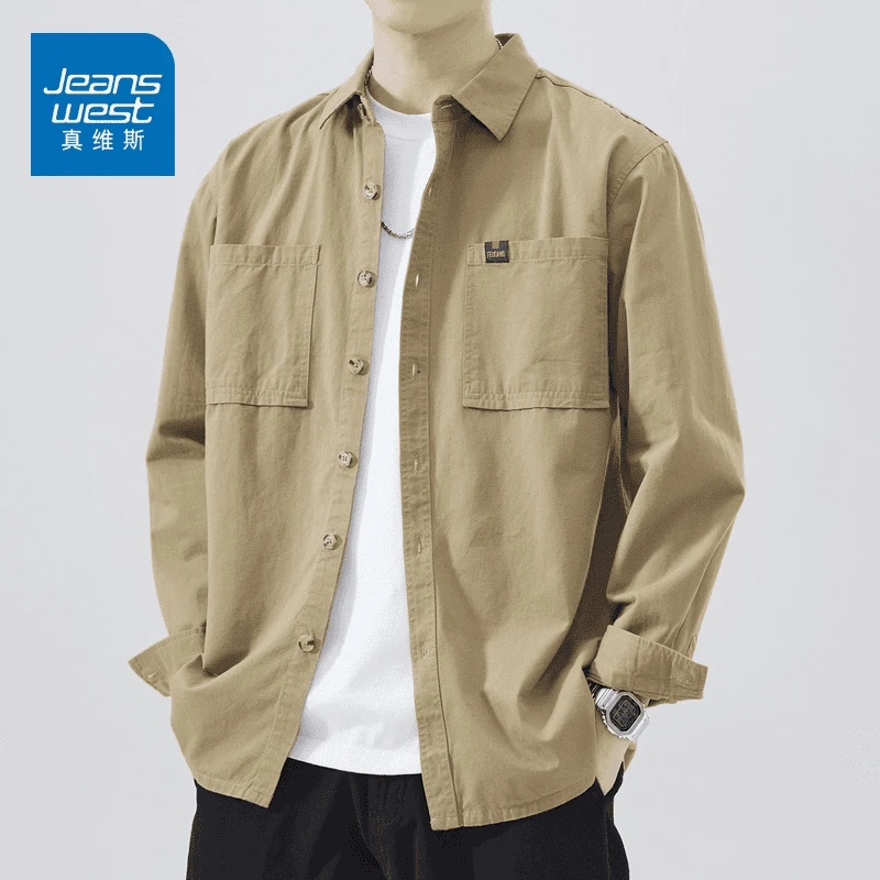 真维斯纯棉长袖衬衫男士2024春秋季宽松美式复古外套潮流休闲衬衣