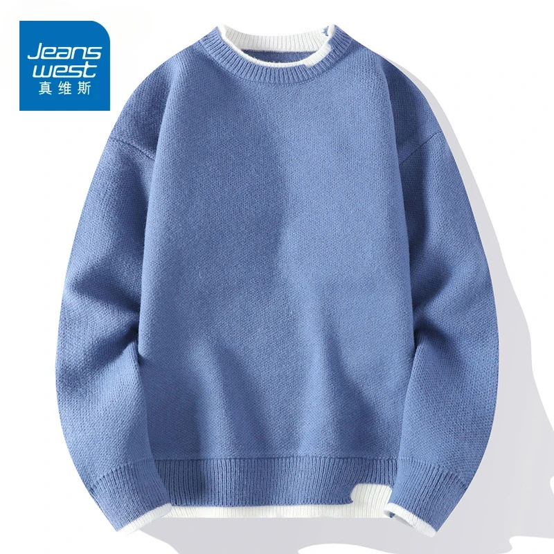 真维斯潮牌假两件毛衣男款早秋季宽松休闲毛线衣白色帅气针织衫男