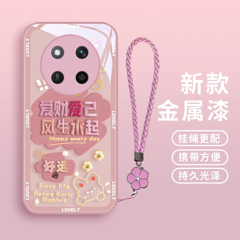爱己爱财适用荣耀X60pro手机壳荣耀X60女款挂绳玻璃金属漆情侣创