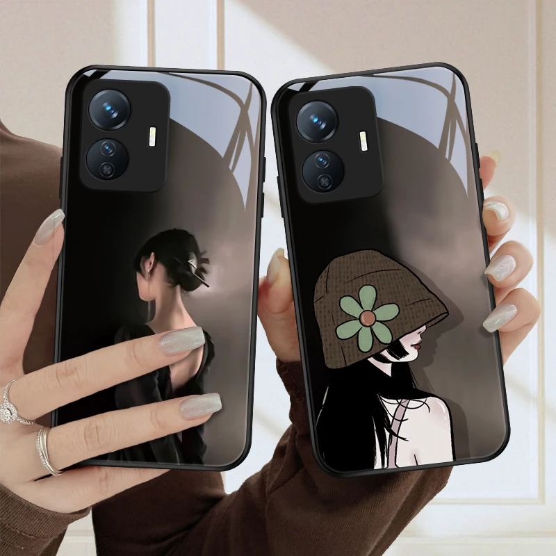 背影女孩vivoy77e手机壳VIVOY77e玻璃壳全包硅胶防摔高级女款散热