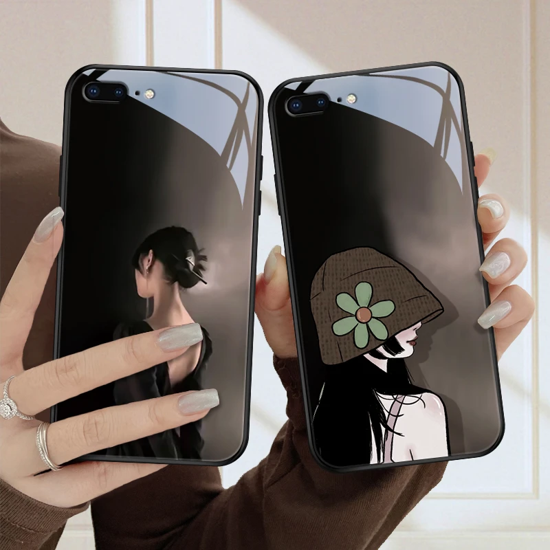 背影女孩适用苹果8plus手机壳iphone7玻璃壳7plus高级女款I8硅胶