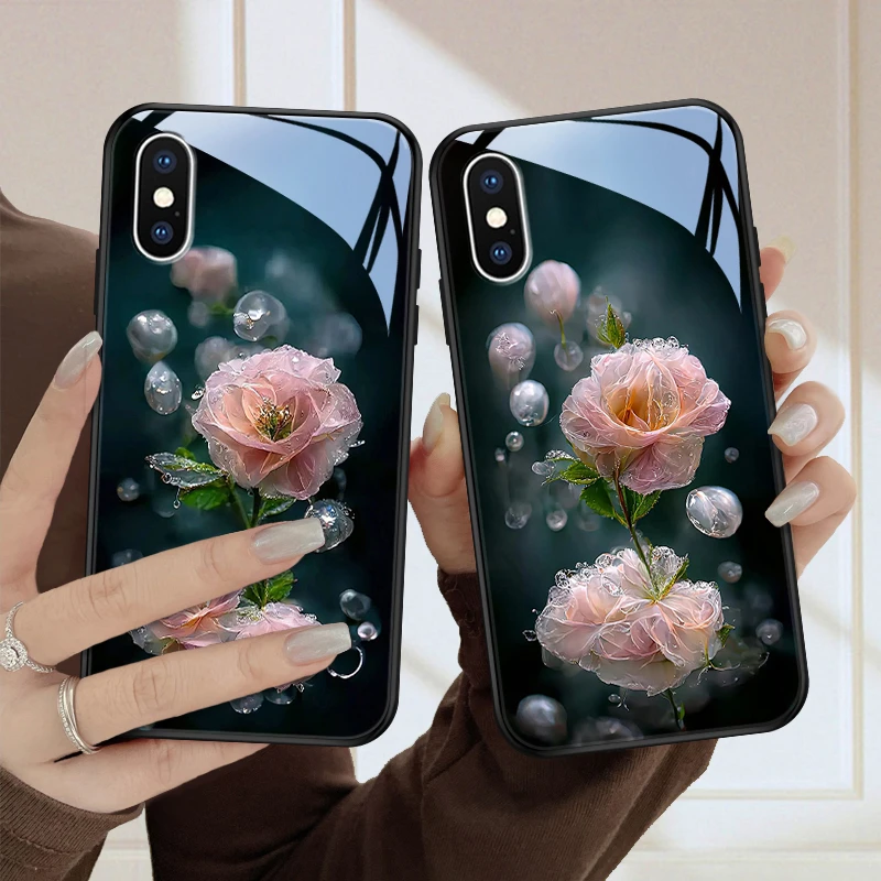 水润花适用苹果x手机壳iPhoneXS保护套高级感苹果XR玻璃壳网红女