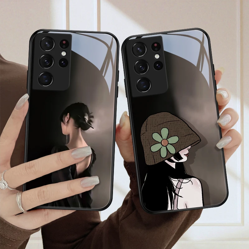 背影女孩适用三星s21手机壳GalaxyS21+玻璃壳S21Ultra创意新款超