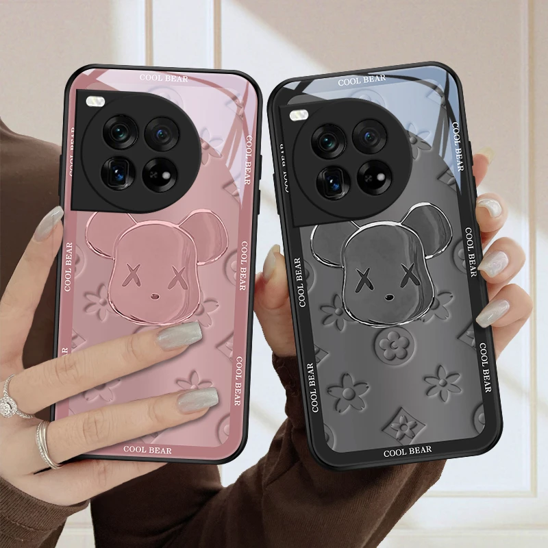印花熊头适用一加Ace3pro手机壳高级男女款玻璃网红新款镜面创意