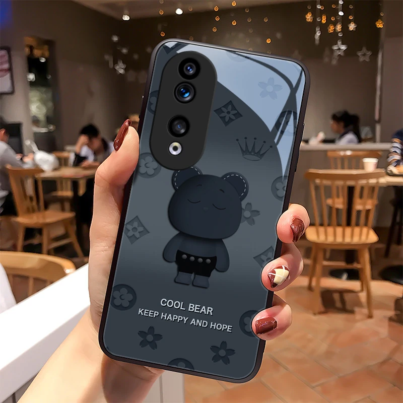 圆脸熊适用华为荣耀90手机壳荣耀90pro玻璃壳款全包硅胶防摔男生