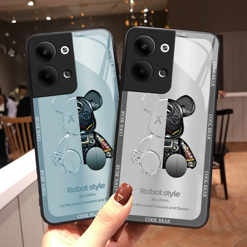 机械小熊opporeno9手机壳Reno9pro玻璃质感女款男生硅胶全包防摔