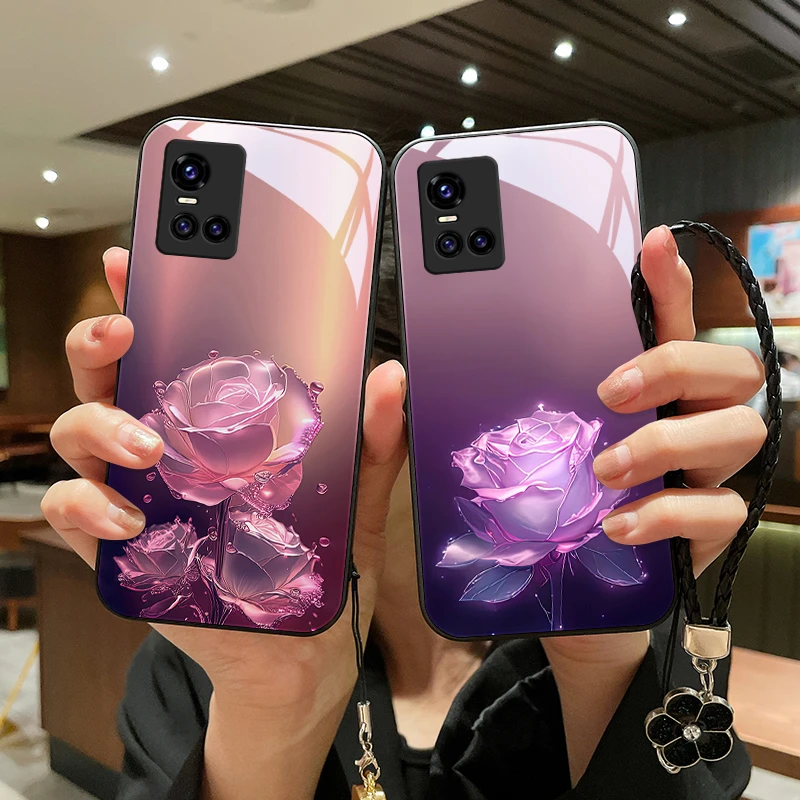 蔷薇玫瑰适用vivos10手机壳10pro玻璃s10e女款网红款挂绳vivos9创