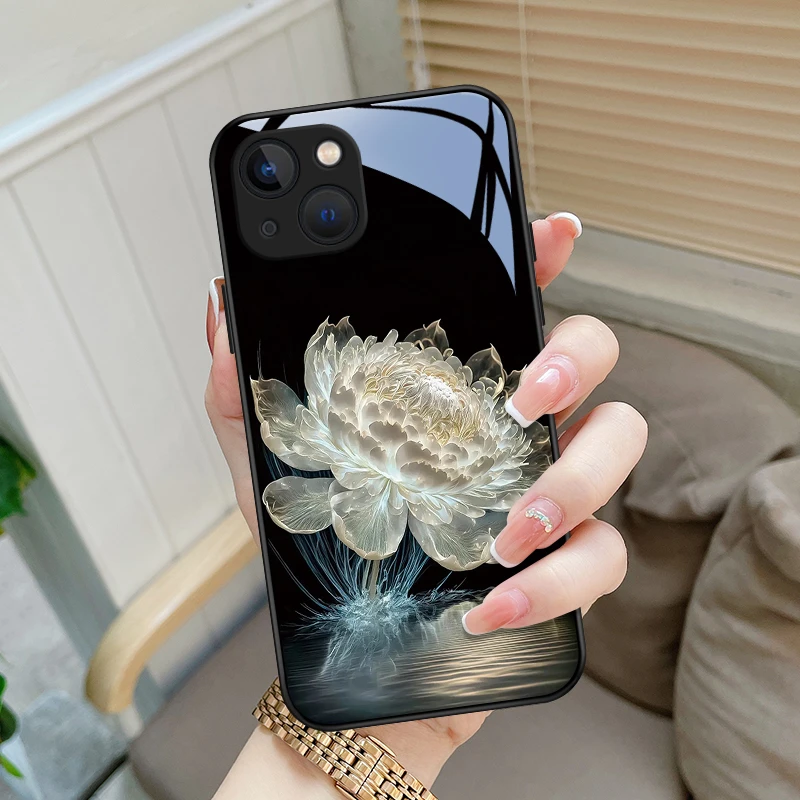 水晶莲花适用苹果14手机壳iPhone14pro情侣防摔散热14plus玻璃保
