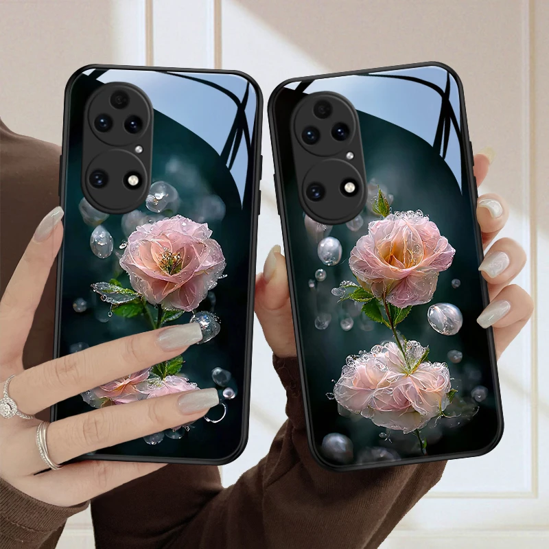 水润花适用华为p50e手机壳p50pro玻璃壳p50保护套高级感全包防摔