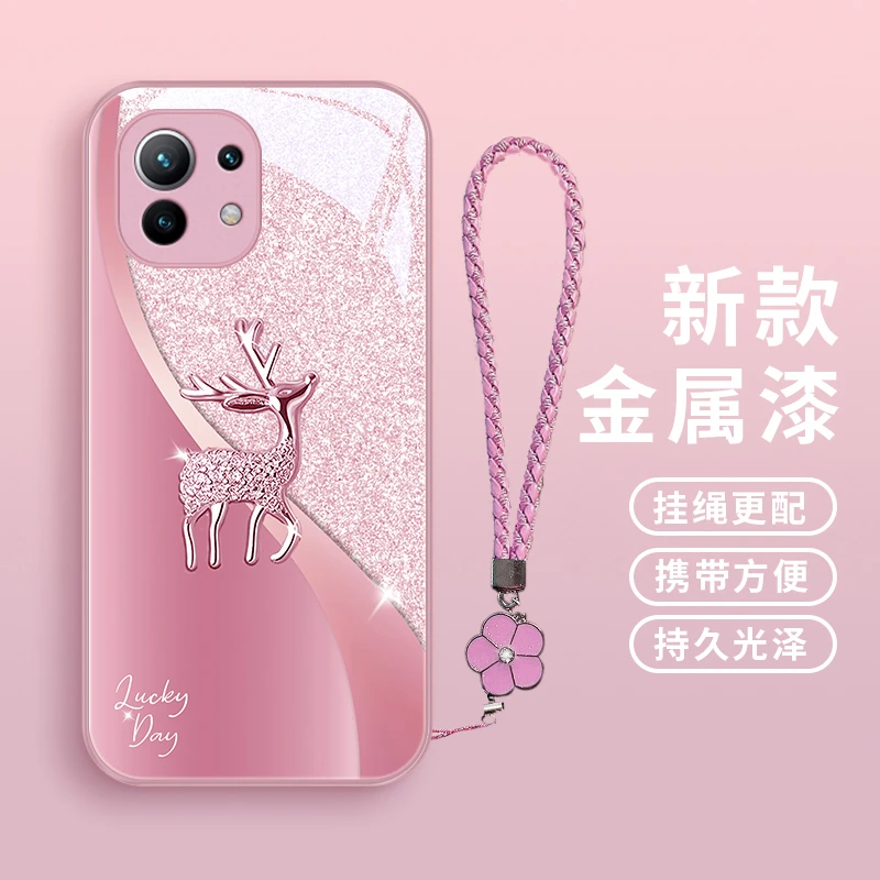 幸运麋鹿适用小米11手机壳Mi11pro玻璃壳小米11青春版女款挂绳11