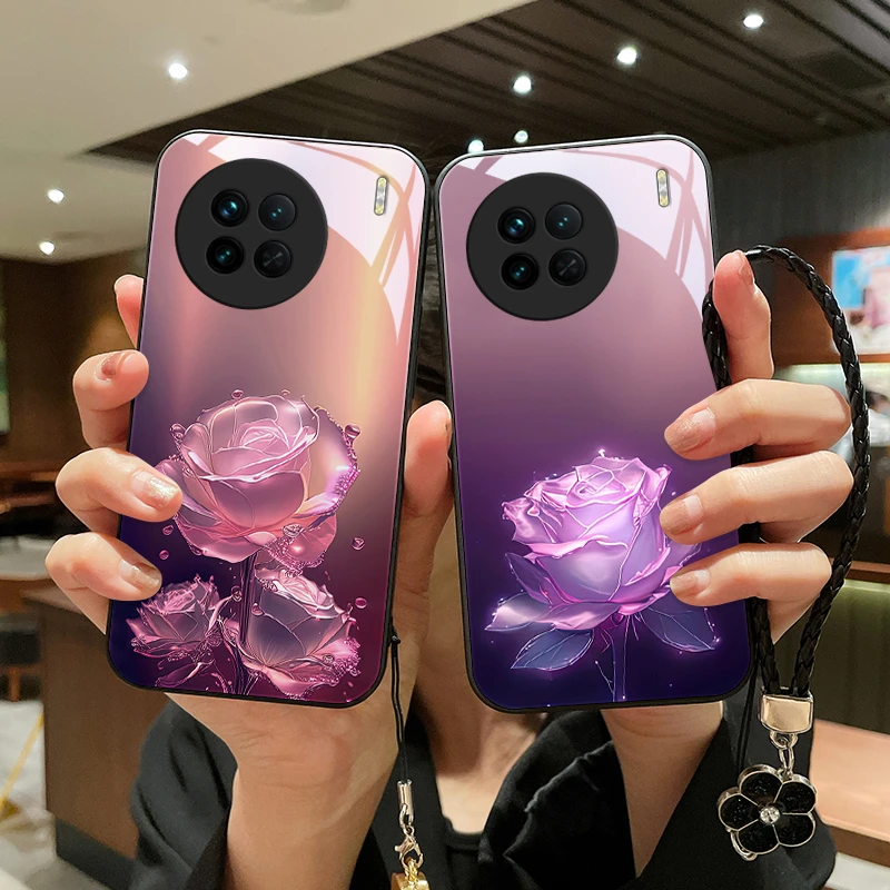 蔷薇玫瑰适用vivox90手机壳vivox90pro玻璃x90pro+全包创意防摔女