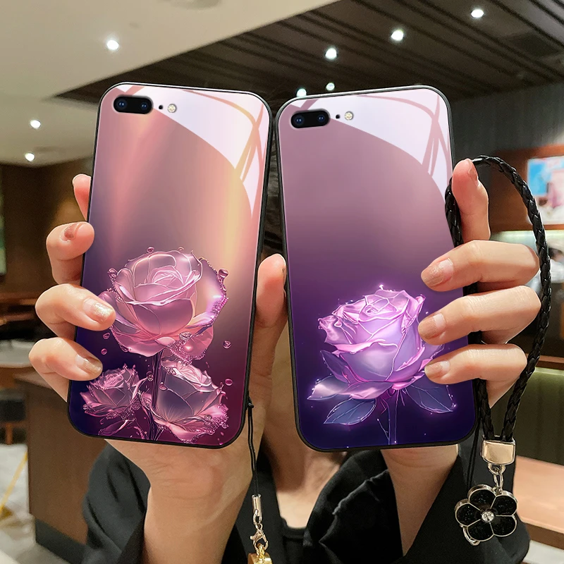 蔷薇玫瑰适用苹果8plus手机壳iphone7玻璃7plus/8/6/6splus女款挂