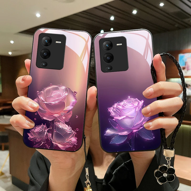 蔷薇玫瑰适用vivos15pro手机壳S15玻璃s12女款挂绳s12pro散热硬壳