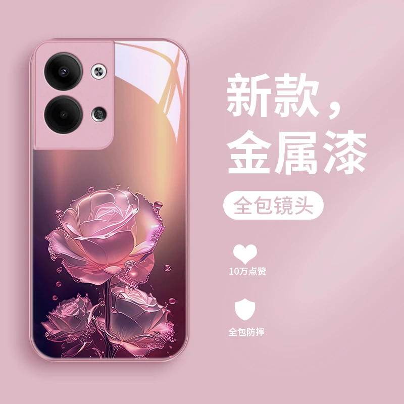 盛开玫瑰适用opporeno9手机壳Reno9pro玻璃女款防摔reno9pro+金属