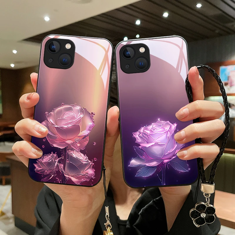 蔷薇玫瑰适用苹果14手机壳iPhone14pro情侣新款挂绳14plus玻璃保