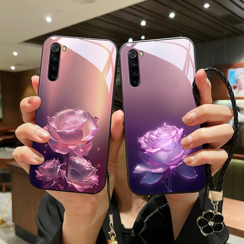 蔷薇玫瑰适用小米红米note8pro手机壳note8女款挂绳note7玻璃保护