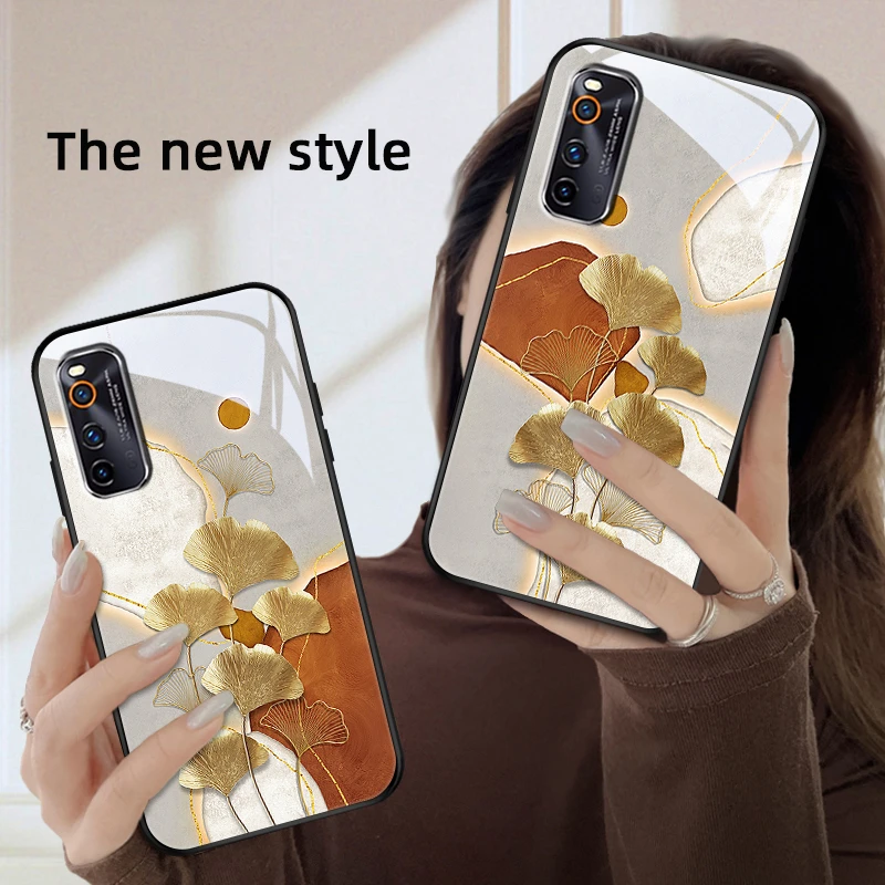 金色叶子iqooneo3手机壳iqoo3女款iqoo5玻璃壳pro网红新款vivo保