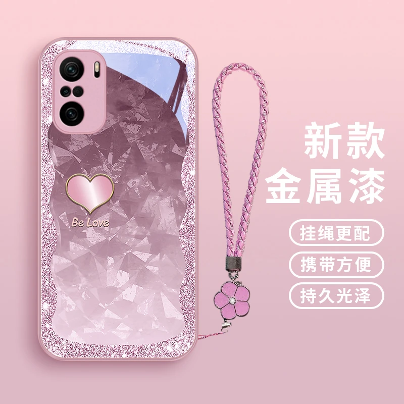琉闪爱心适用小米红米k40手机壳K40pro玻璃k40s女款挂绳redmik40