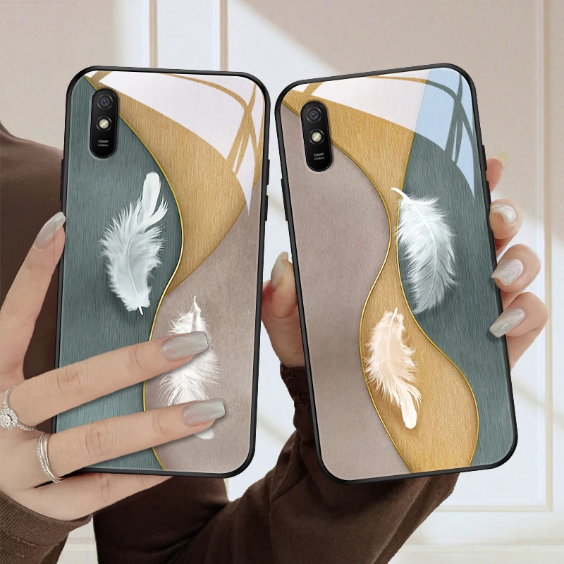 羽毛画适用小米红米9a手机壳redmi9网红保护套高级感红米8玻璃壳8