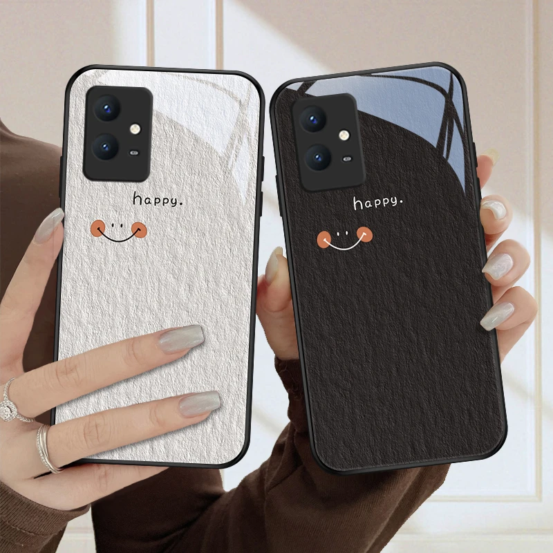 幸福微笑适用vivoy33s手机壳vivoY35玻璃壳y31s全包y32艺术y30个