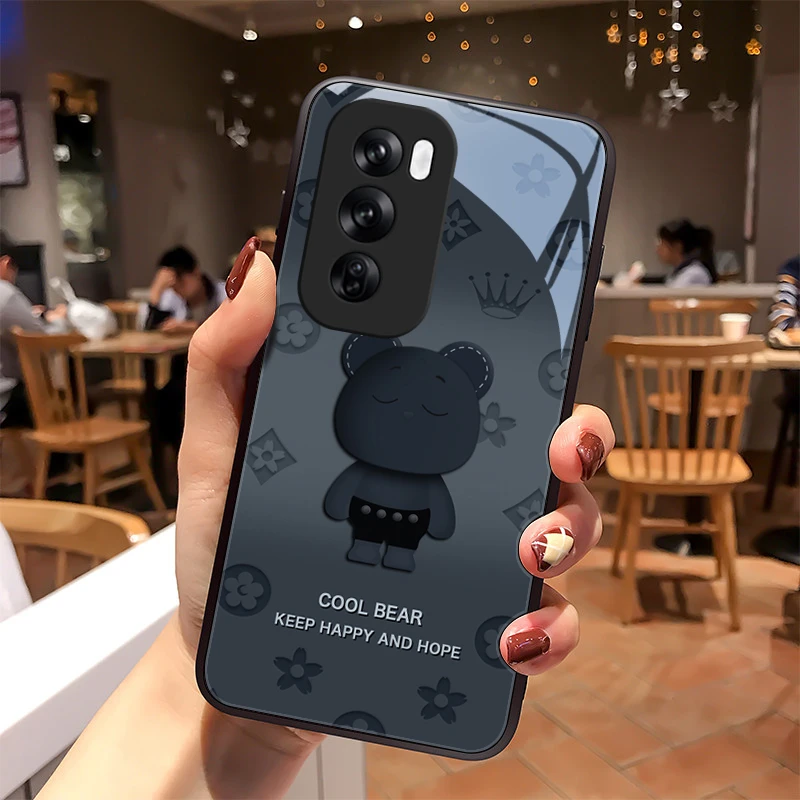 曲屏圆脸熊适用opporeno12手机壳Reno12pro玻璃Reno12pro+感全包