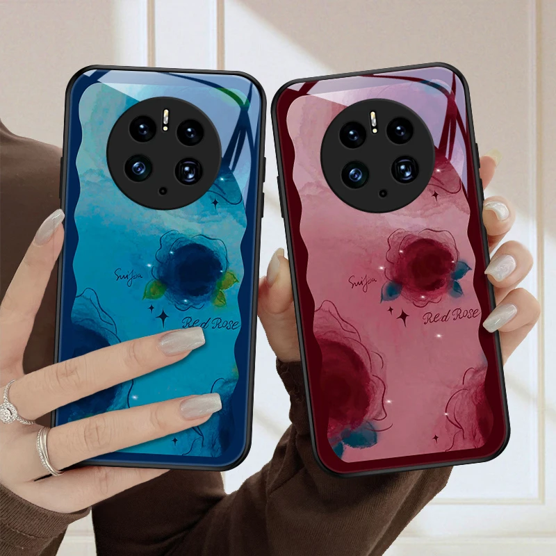 彩墨花适用华为mate50手机壳mate50pro玻璃镜面保护套散热高级男