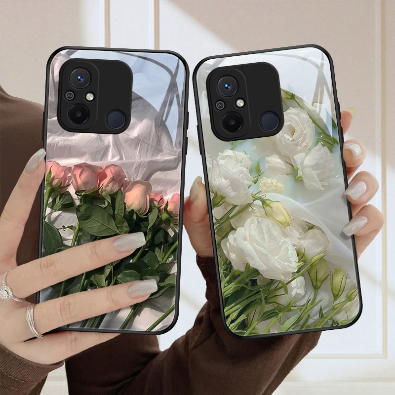 恬静花适用小米红米12C手机壳redmi12c玻璃壳12C全包硅胶防摔小众