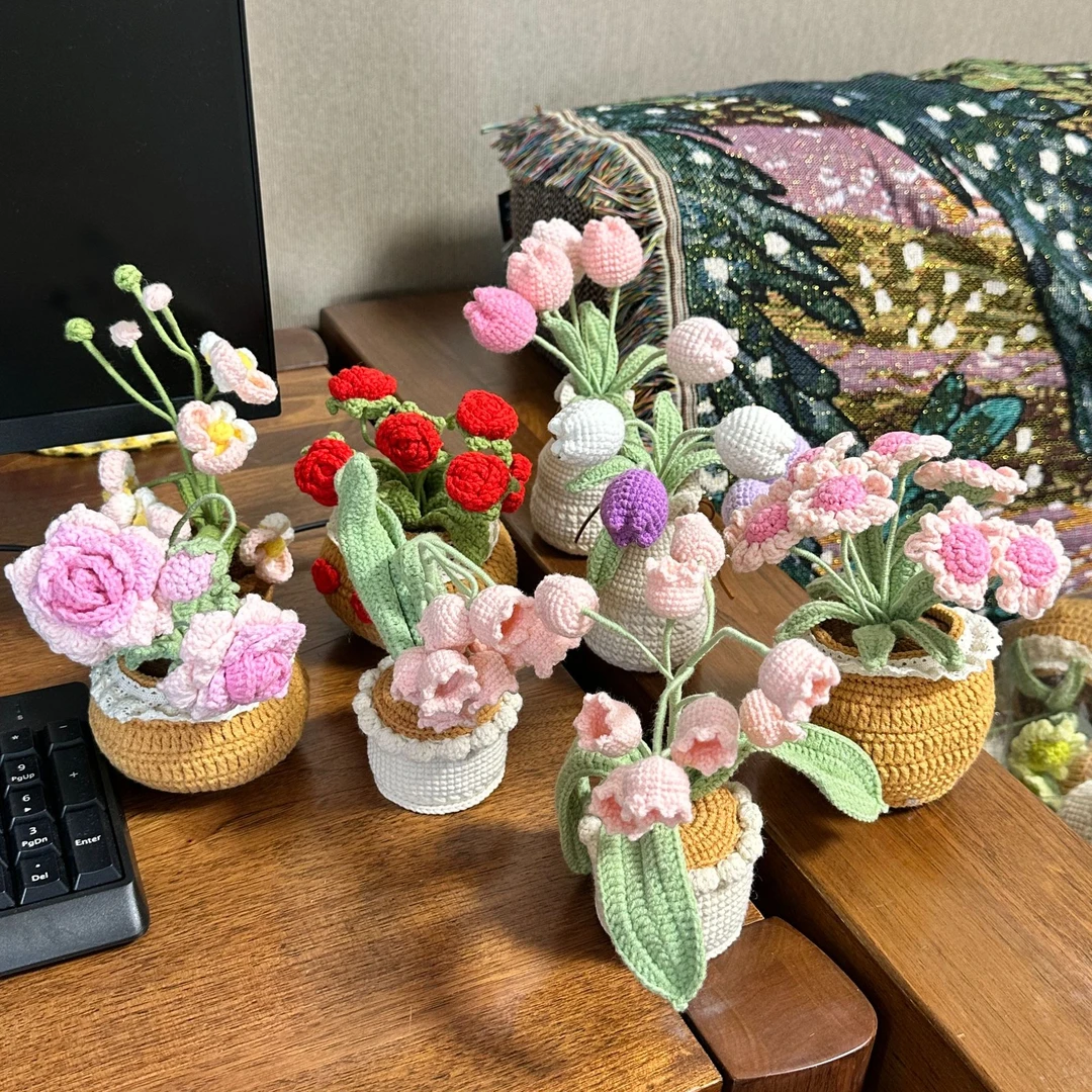 [福利款]手工针织花卉摆件装饰品办公桌可放花朵手作针织毛线玩具