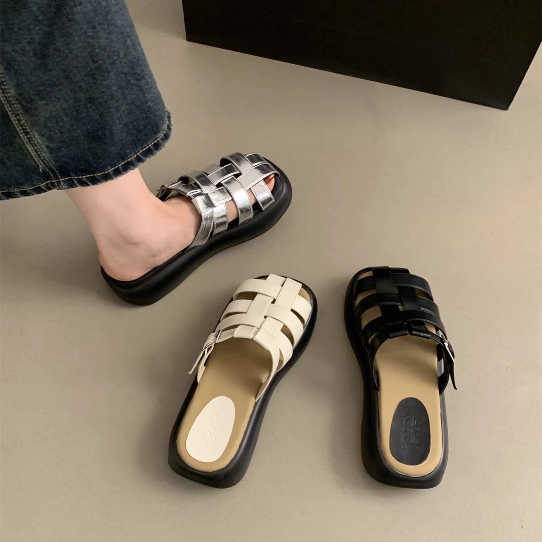 增高厚底包头半拖鞋女夏外穿新款法式绝美仙女松糕凉拖编织罗马鞋