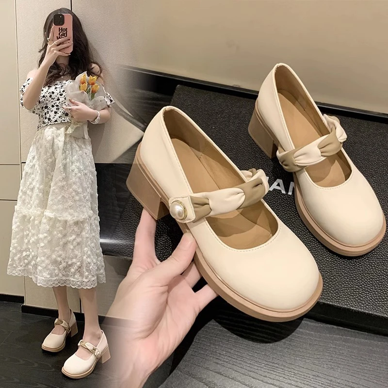 玛丽珍女鞋子2024年新款夏季粗跟高跟配裙子小皮鞋仙女温柔风单鞋