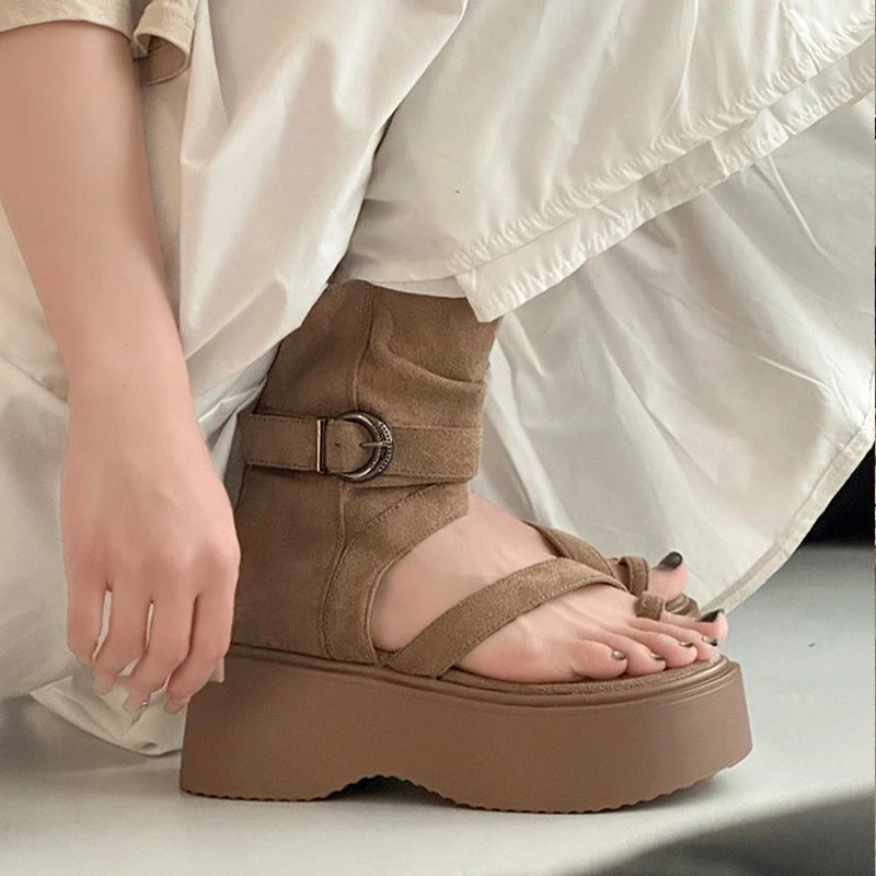 厚底增高罗马凉鞋女2024夏季新款夹趾松糕沙滩靴子时尚百搭时装鞋