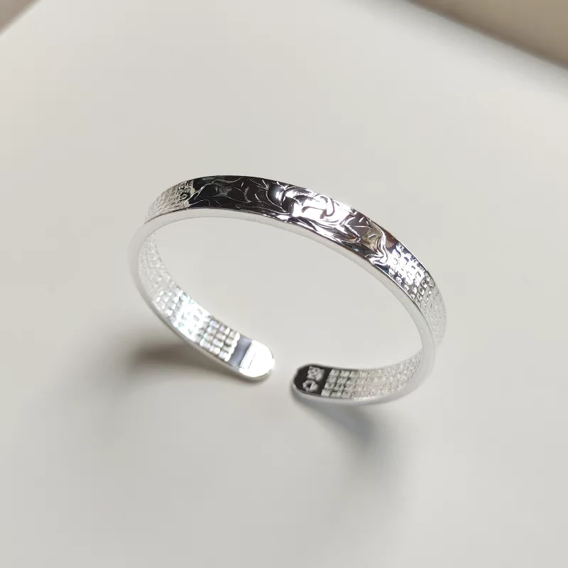 足银手镯 光面心经银手镯莲花女银镯子足银999开口纯银手环闪闪亮