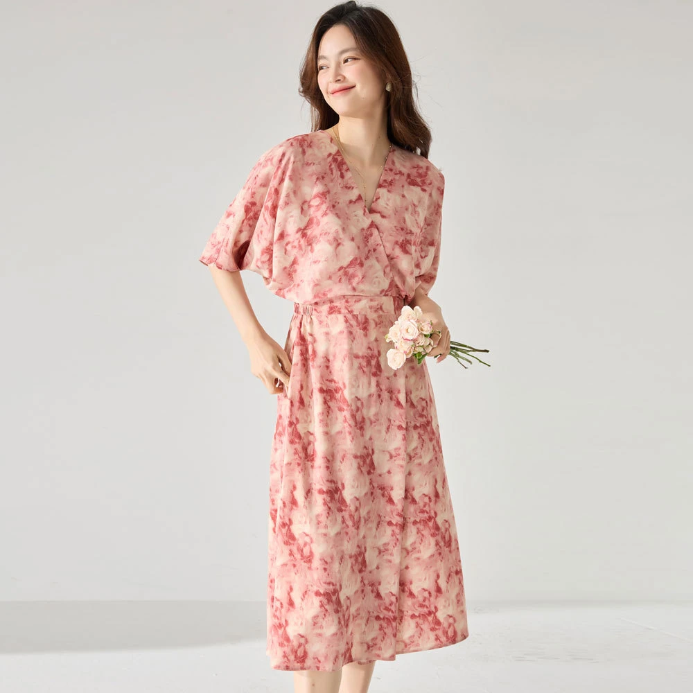 24严选春夏新中式优雅水墨晕染印花蝙蝠袖收腰显瘦连衣裙 23286