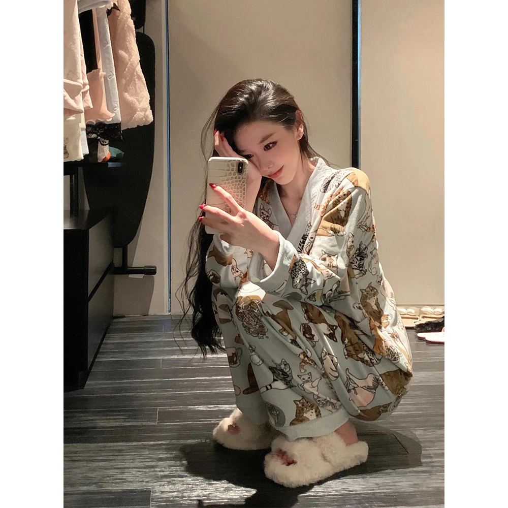 赵露思同款德绒睡衣女款秋冬季2024小猫印花高级感家居服大码套装