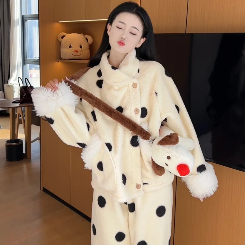 韩系精致少女波点珊瑚绒睡衣女款冬季2024保暖开衫长裤家居服套装