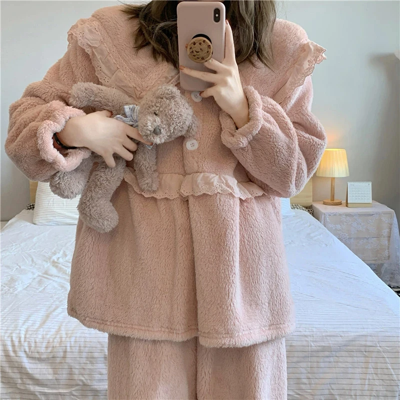 少女娃娃领珊瑚绒睡衣女冬款2024年新款高级长袖加厚加绒居家套装