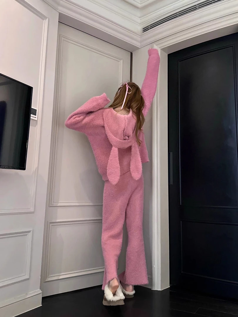 韩版可爱兔子连帽半边绒睡衣女冬款甜美加厚保暖珊瑚绒家居服套装