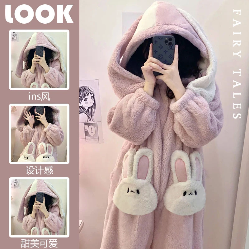 2024年新款冬季加绒加厚家居服睡袍外穿可爱小兔珊瑚绒连体睡衣女
