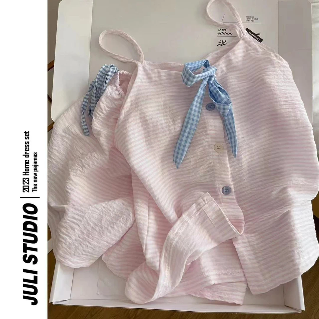 可爱薄款甜美条纹吊带睡衣女2025新款夏季大码洋气短裤家居服套装