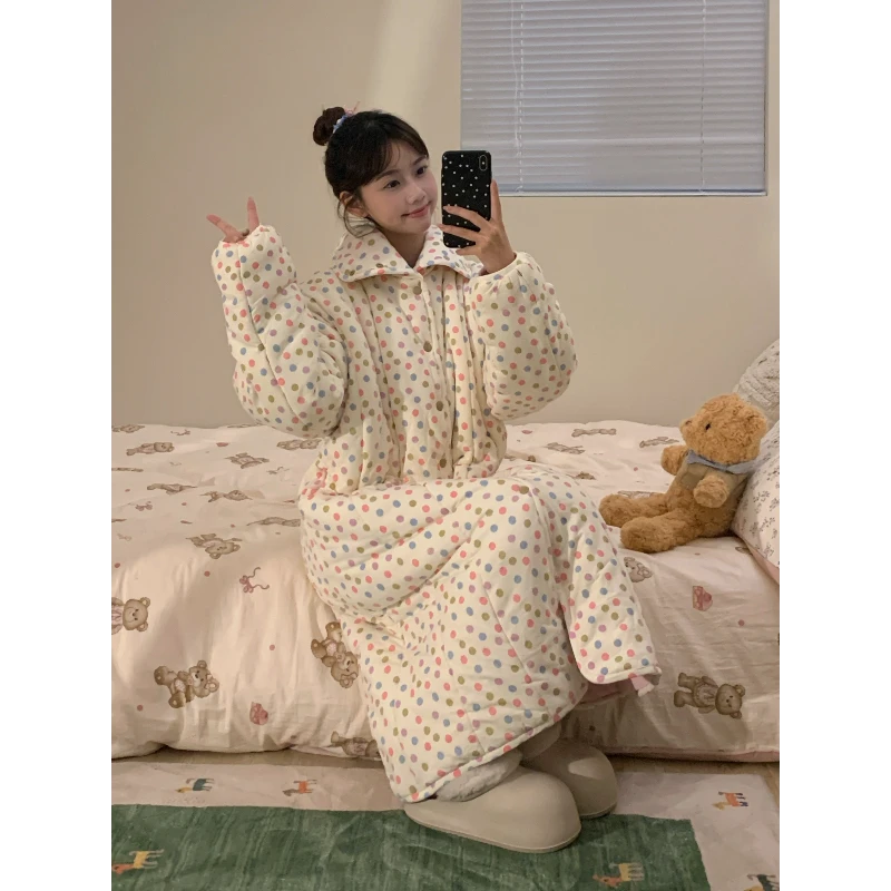 潮流时尚彩色波点空气棉睡衣女冬季新款加绒加厚保暖家居服睡袍女