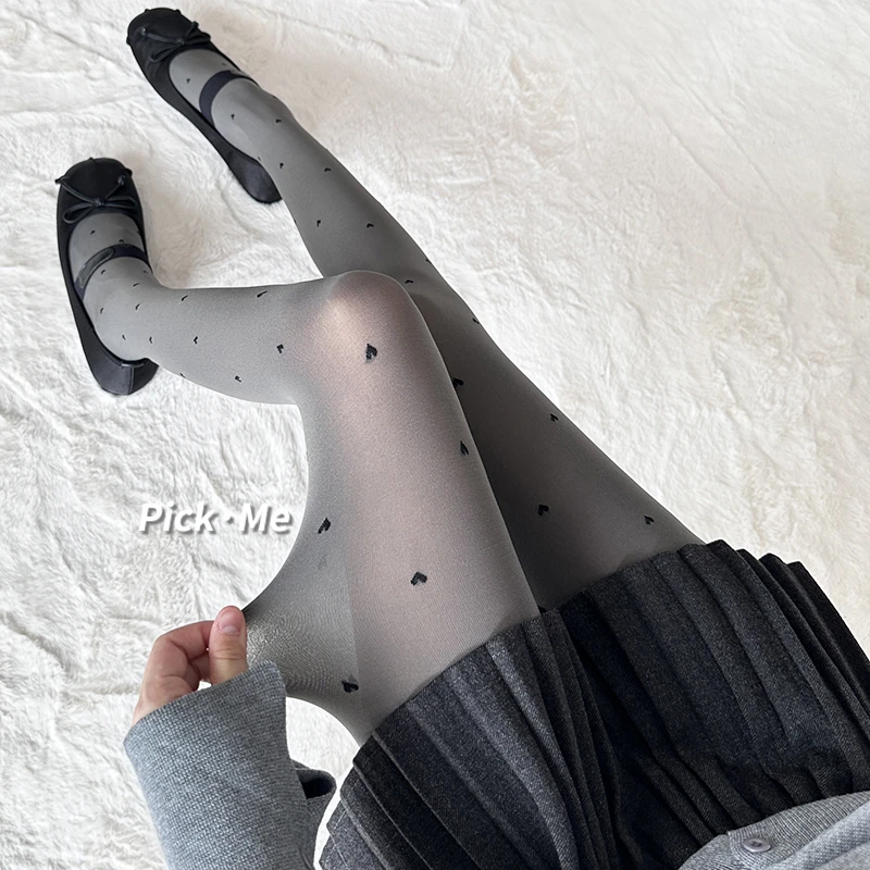 灰色波点丝袜春秋格雷系穿搭复古圆点爱心灰丝天鹅绒连裤袜