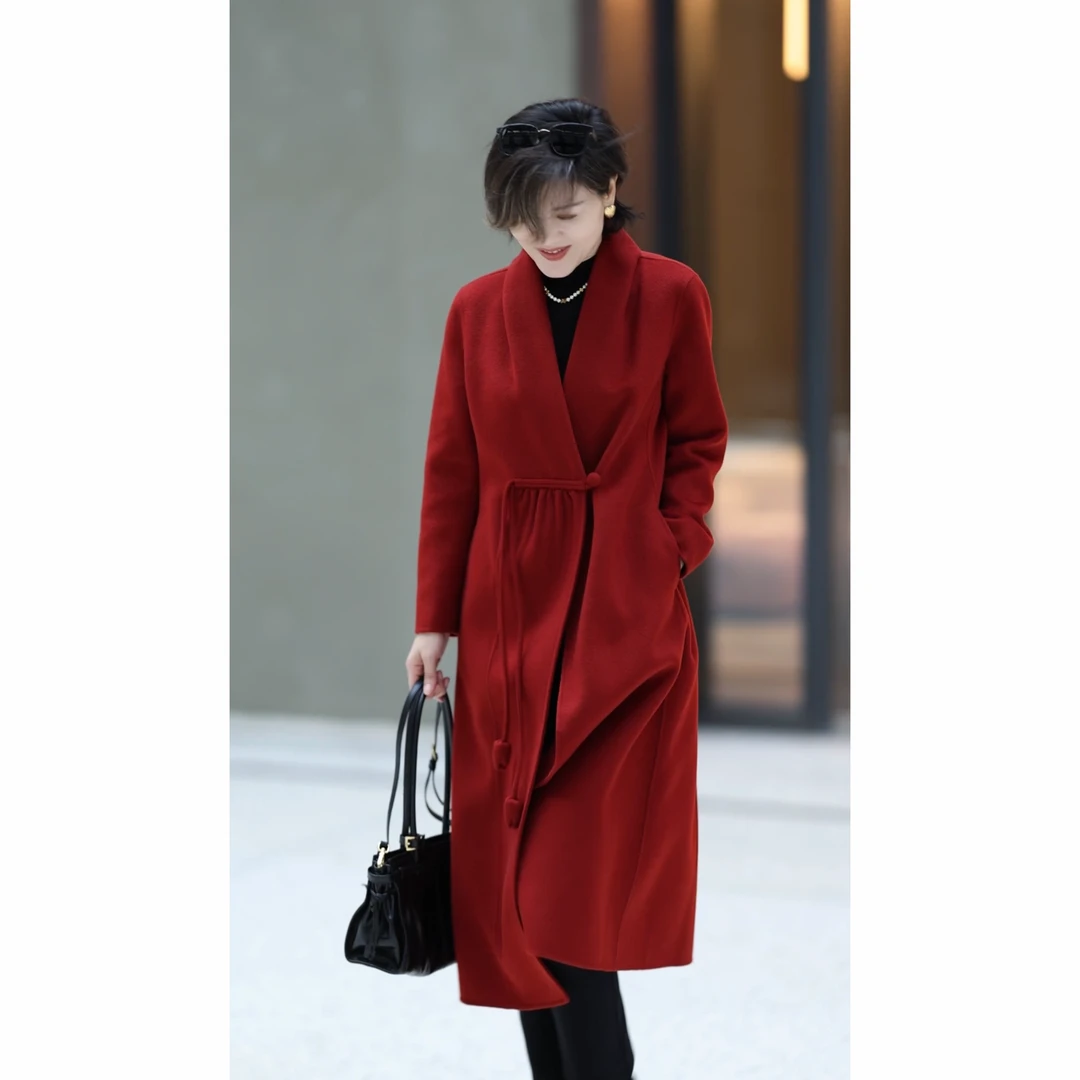 花朵腰带气质显瘦双面呢长款大衣