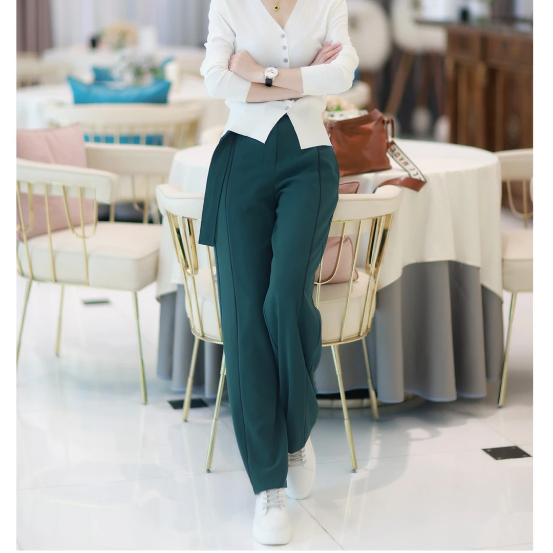 墨绿撞色圆环百搭时尚直筒裤（配腰带）