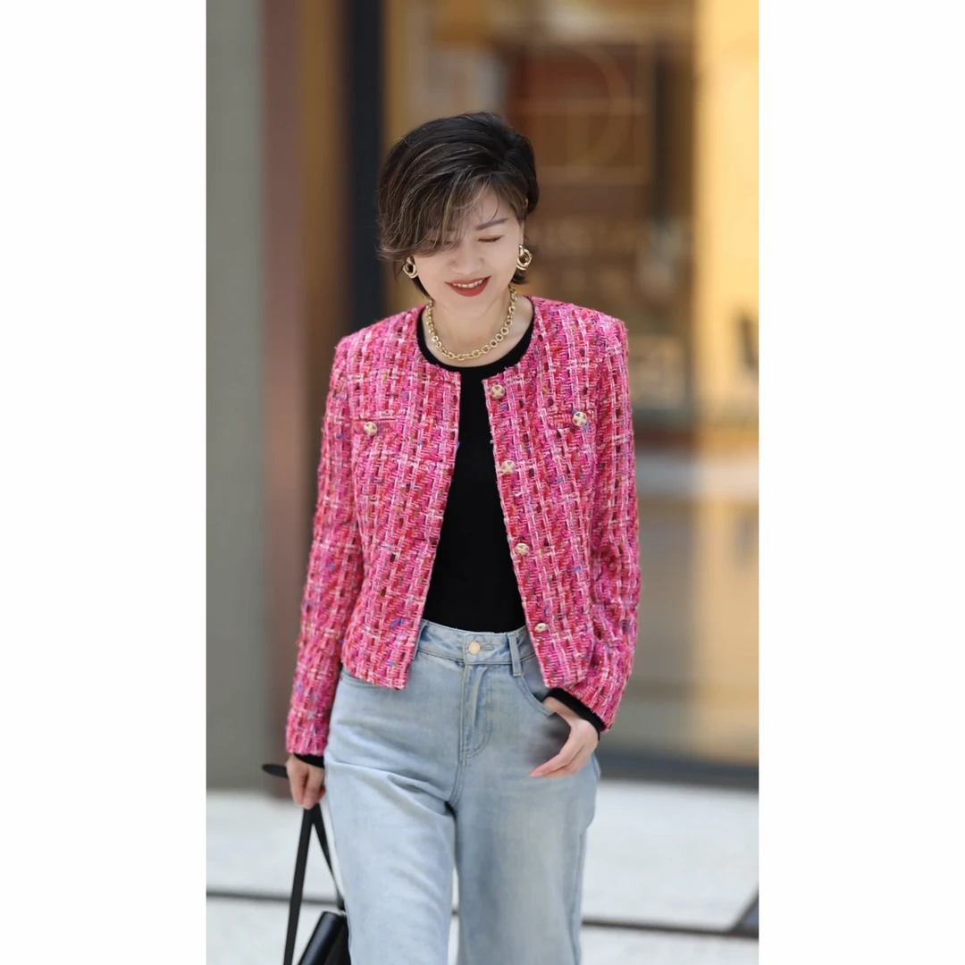 玫粉色短款经典小香格纹外套