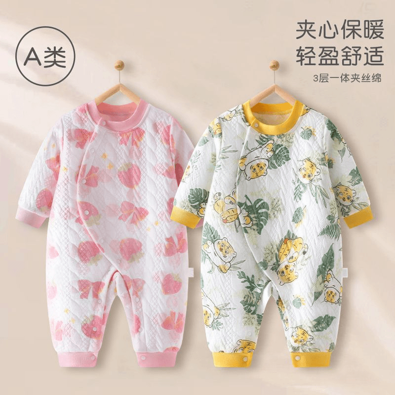 婴儿连体衣服秋冬装纯棉保暖长袖哈衣男女宝宝三层夹棉新生儿爬服