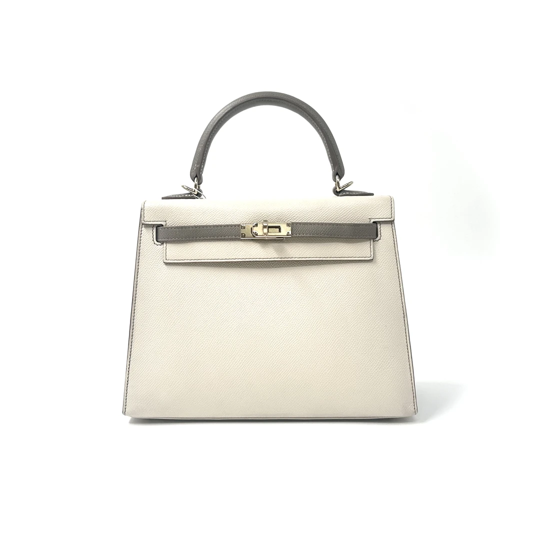 95新 Hermes/爱马仕 爱马仕kelly25 奶昔白拼大象灰 金扣E皮 D刻