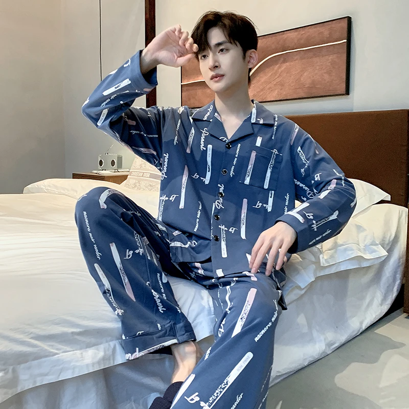 100%纯棉睡衣男士春秋季薄款长袖长裤青少年可外出春秋款家居服男