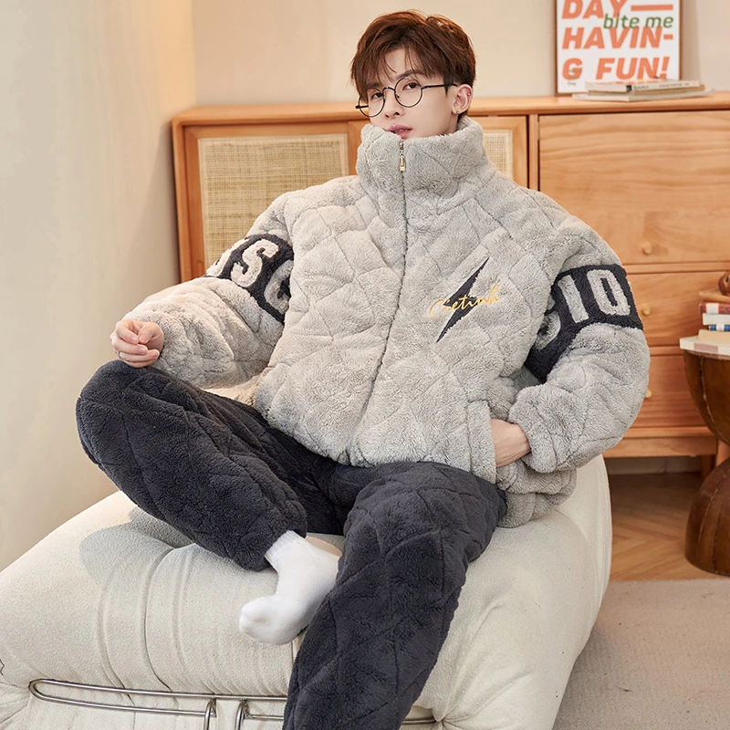 男士三层夹棉睡衣男秋冬款珊瑚绒加绒加厚冬天可外出冬季家居服男