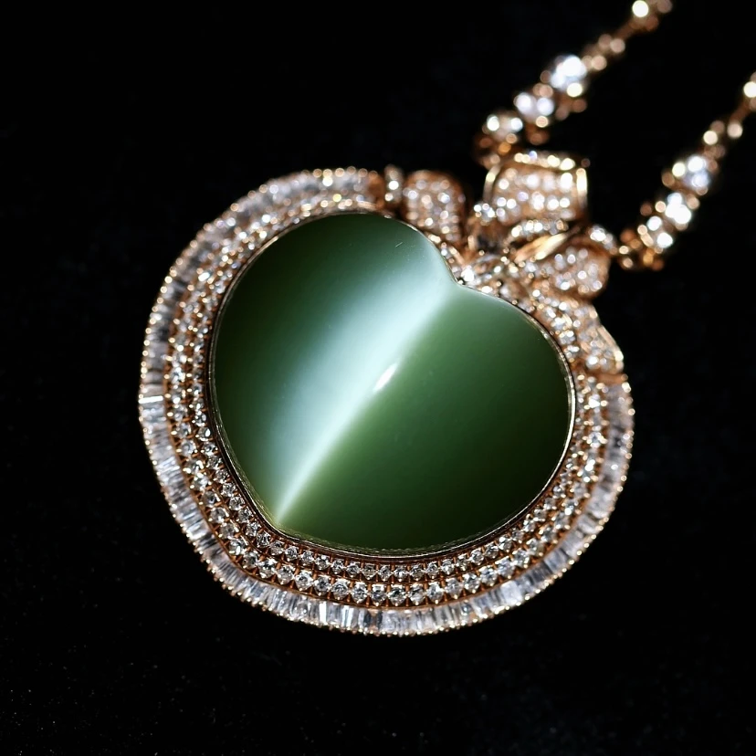 【强子的玉】典藏级 和田玉碧玉冰底一线天 猫眼吊坠 项链女款坠链