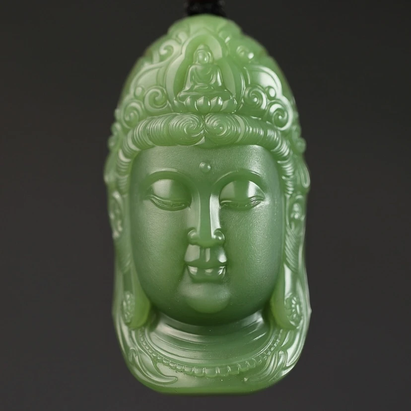 和田玉碧玉粉绿观音吊坠男士手工雕刻双面挂坠男款精雕和田玉挂件